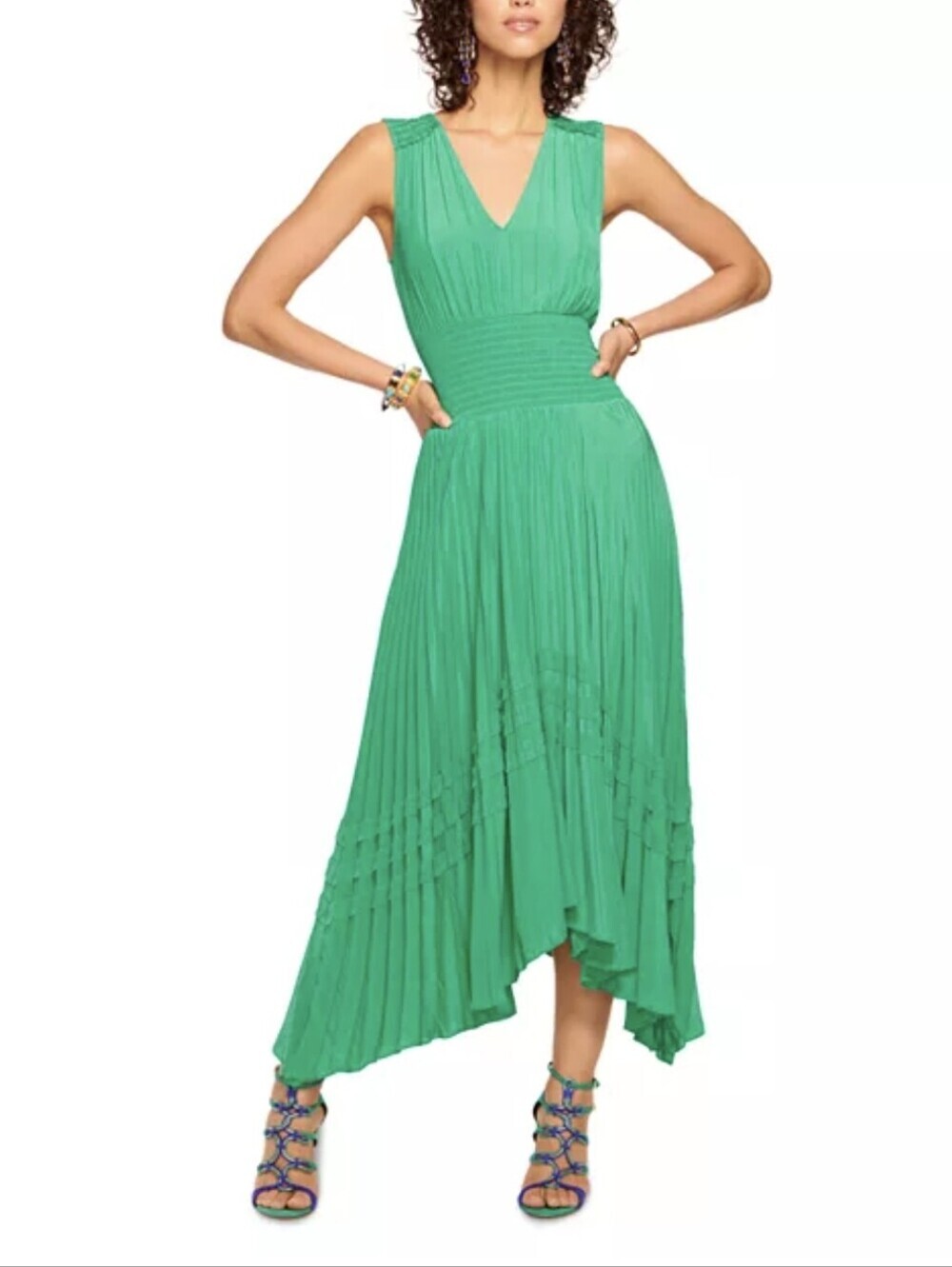 Ramy Brook Livia Green Pleated Sleeveless Midi Dress Pullover Smocked Waist Sz.L